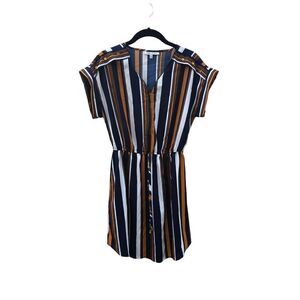 Speed Control Women's Yellow Blue Striped Short Sleeve Tie Waist Shift Dress Siz